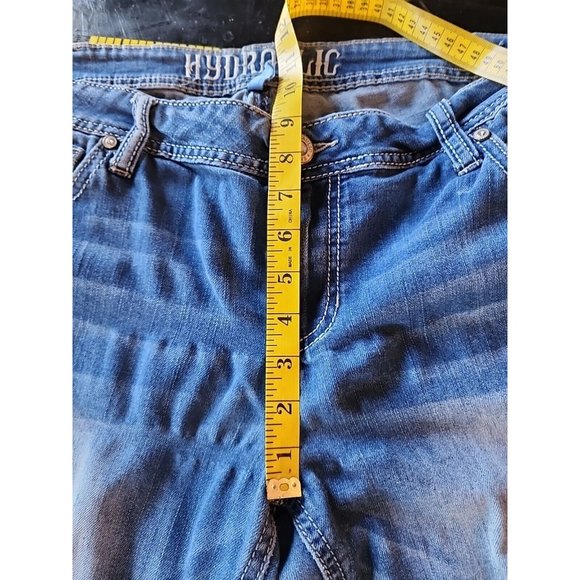WOMENS 17/18 MED WASH HYDRAULIC JEANS MID RISE BOOT CUT STUDDED POCKET FLEX - Picture 8 of 11
